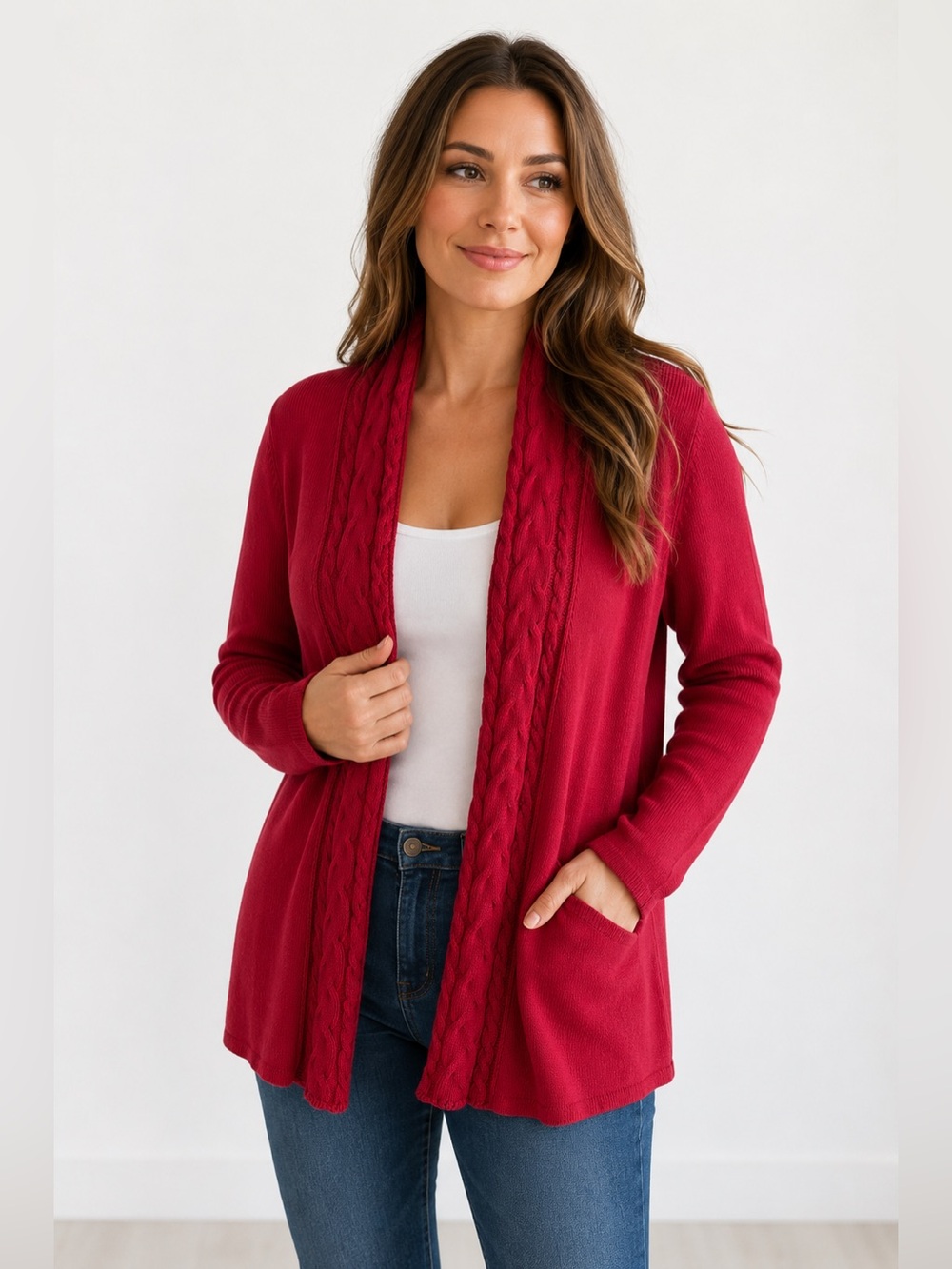 Mercer Street Studio Red Cable Knit Open Front Cardigan Sweater Medium Cotton